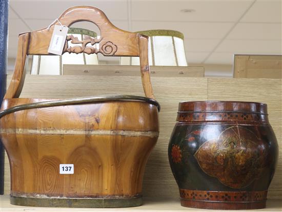 A Chinese wood basket and a painted wood barrel